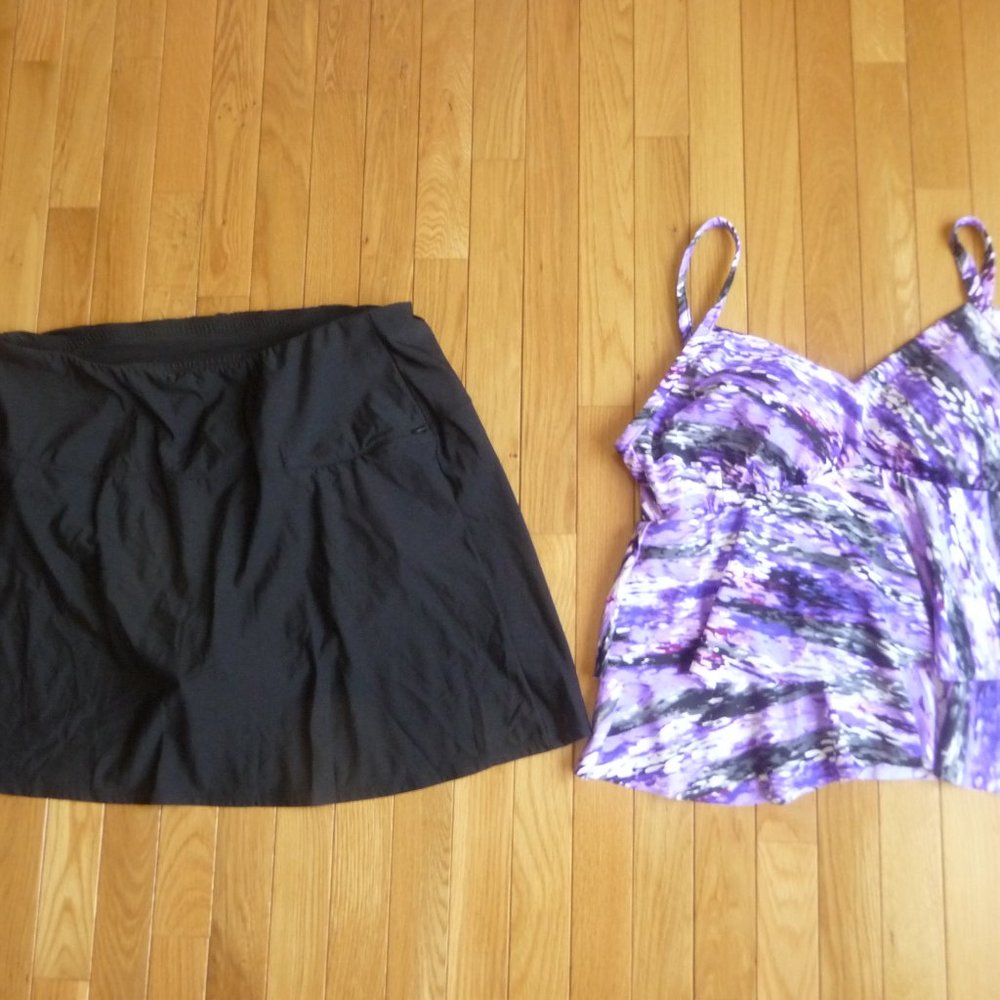 Miraclesuit 18 Swim Bathing Suit 2PC Ruffled Tankini Long Skirt Skirted Bikini